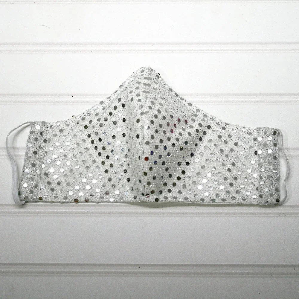 HAND CRAFTED Face Mask Silver Confetti Dot Sequin - Adult - Shield Style - Picture 4 of 14